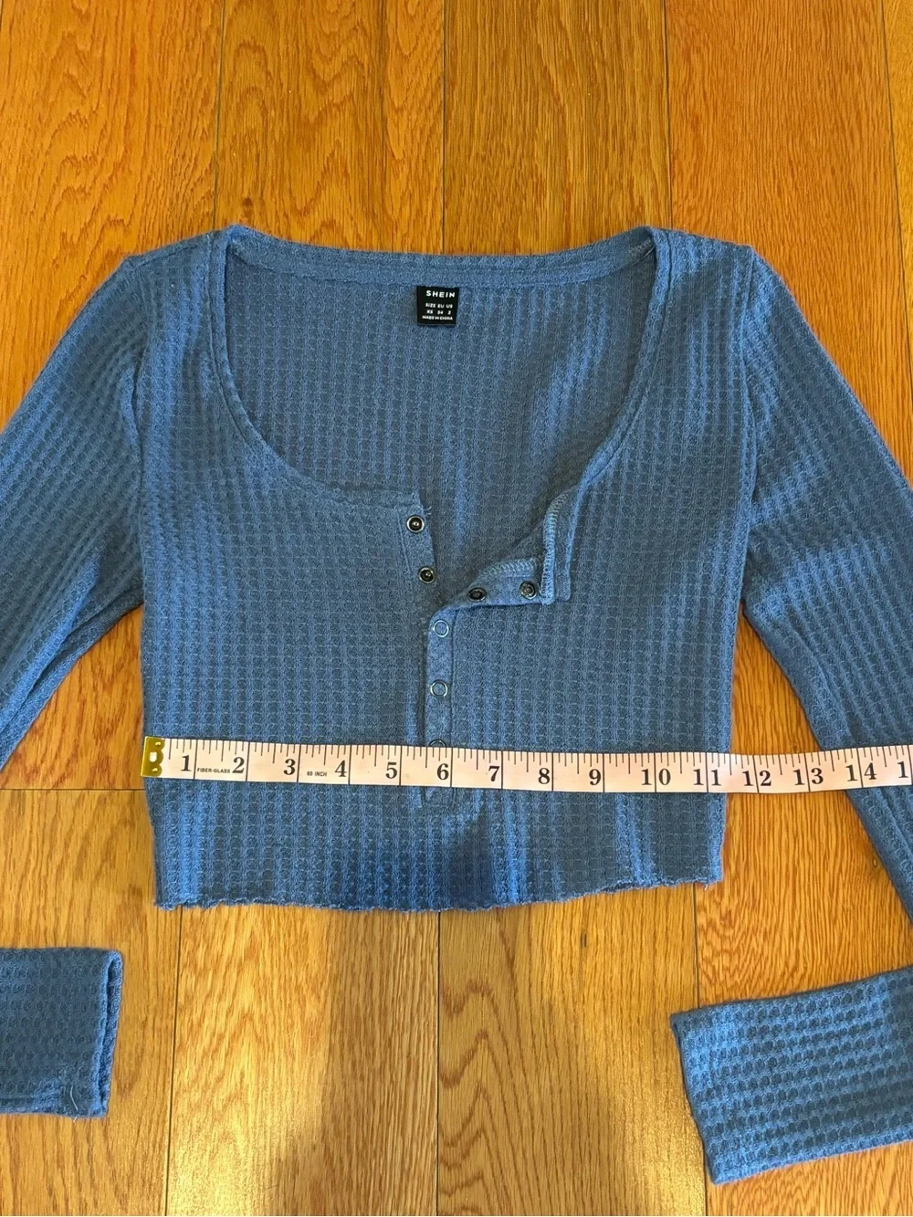 Long Sleeve Blue Waffle Knit Crop Top - Picture 2 of 6